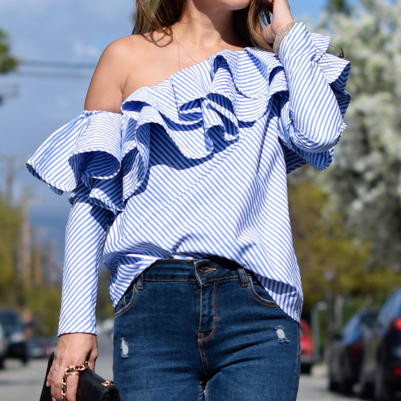 Chicwish Tops - Swanky One-shoulder Ruffle Top in Blue